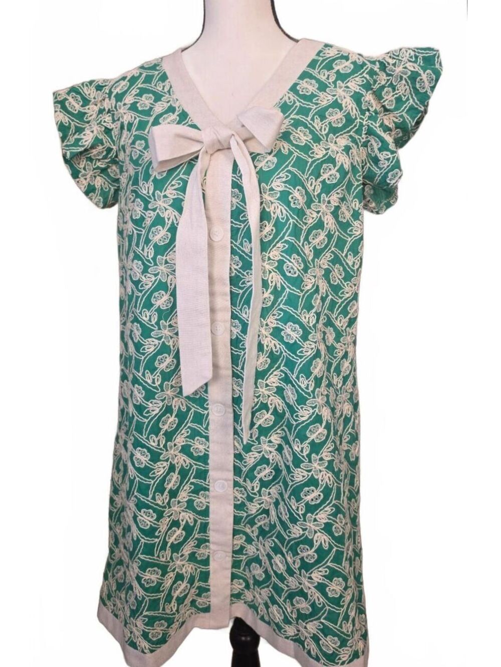 Green and White Floral Patterned Cotton Linen Dress with Bow Detail